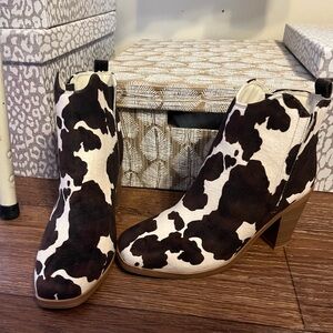 Arula brand Cow Print Ankle Boots - Brown & White Women's Heeled Booties